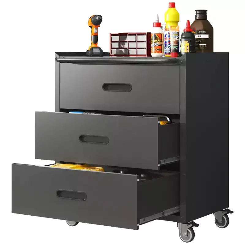 VIYET 35H 3-Drawer Heavy-Duty Steel Storage Cabinet with Lockable Wheels, 200LBS Capacity for Garage/Office/Home Organizer (Black)