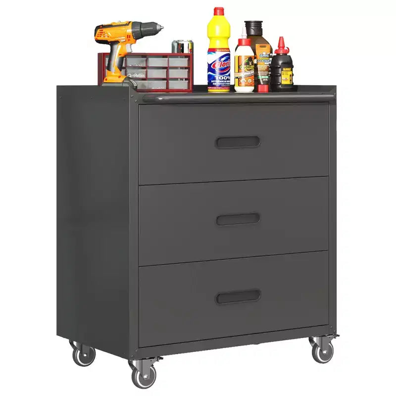 VIYET 35H 3-Drawer Heavy-Duty Steel Storage Cabinet with Lockable Wheels, 200LBS Capacity for Garage/Office/Home Organizer (Black)