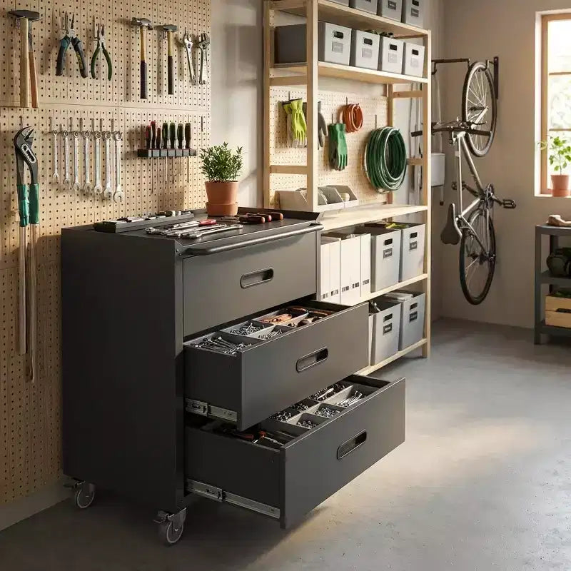 VIYET 35H 3-Drawer Heavy-Duty Steel Storage Cabinet with Lockable Wheels, 200LBS Capacity for Garage/Office/Home Organizer (Black)