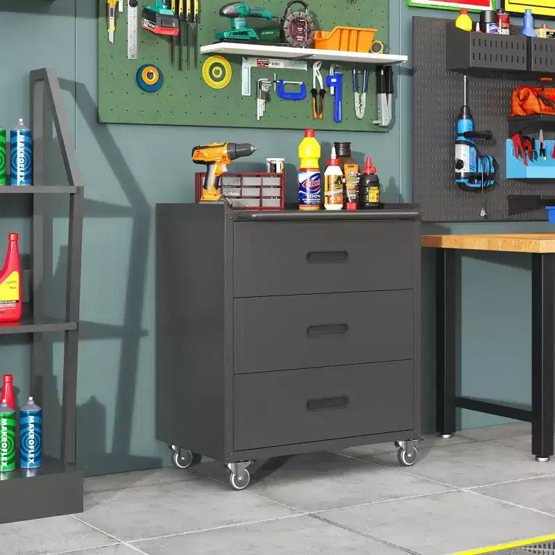 VIYET 35H 3-Drawer Heavy-Duty Steel Storage Cabinet with Lockable Wheels, 200LBS Capacity for Garage/Office/Home Organizer (Black)