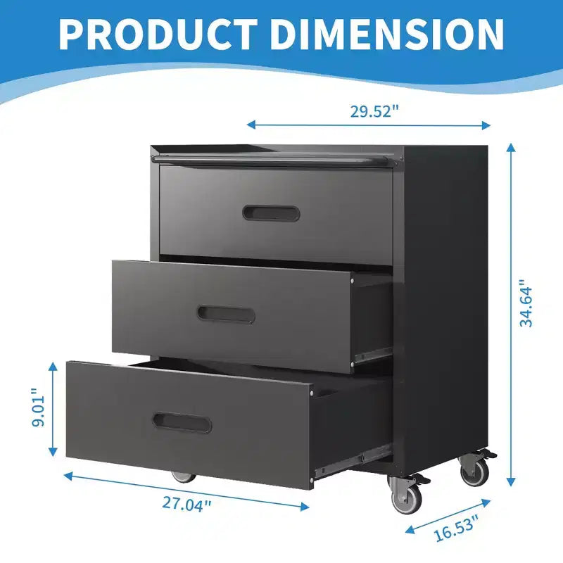 VIYET 35H 3-Drawer Heavy-Duty Steel Storage Cabinet with Lockable Wheels, 200LBS Capacity for Garage/Office/Home Organizer (Black)