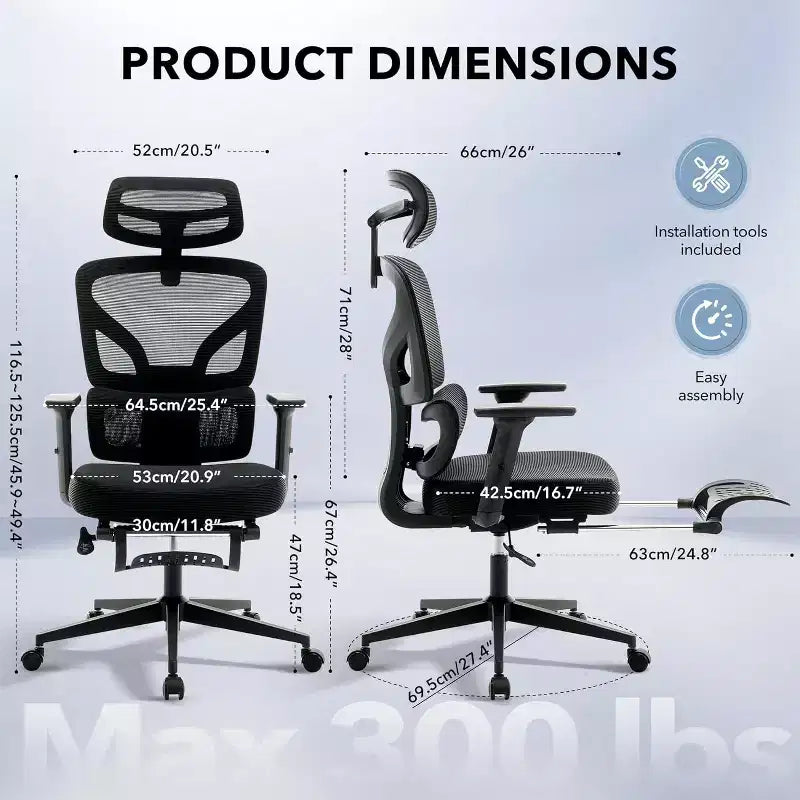 High-Back Ergonomic Mesh Office Chair, Adjustable Lumbar & Headrest, 3D Armrests, 360 Swivel Rolling Desk Chair, Comfortable Computer Chair