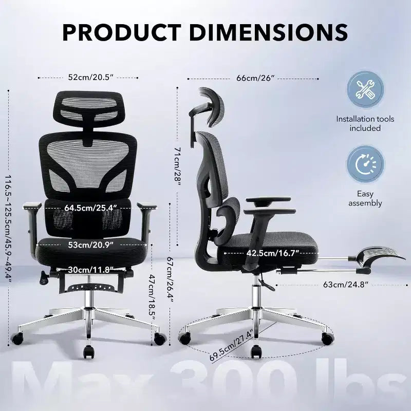 High-Back Ergonomic Mesh Office Chair, Adjustable Lumbar & Headrest, 3D Armrests, 360 Swivel Rolling Desk Chair, Comfortable Computer Chair
