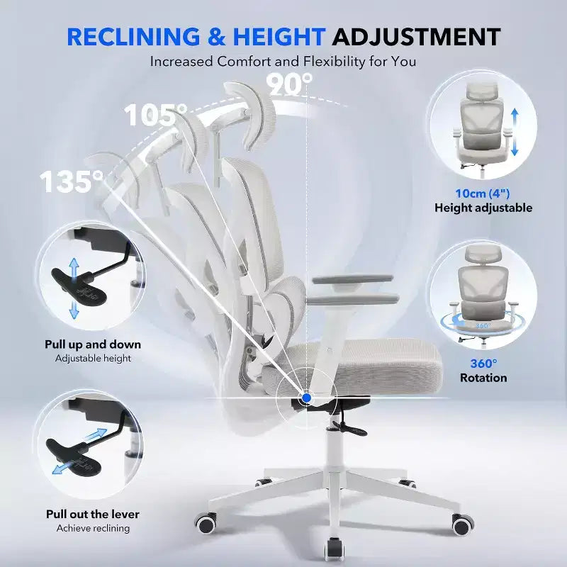High-Back Ergonomic Mesh Office Chair, Adjustable Lumbar & Headrest, 3D Armrests, 360 Swivel Rolling Desk Chair, Comfortable Computer Chair