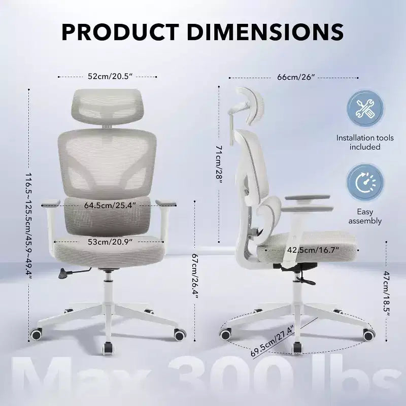 High-Back Ergonomic Mesh Office Chair, Adjustable Lumbar & Headrest, 3D Armrests, 360 Swivel Rolling Desk Chair, Comfortable Computer Chair