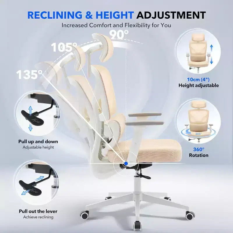 High-Back Ergonomic Mesh Office Chair, Adjustable Lumbar & Headrest, 3D Armrests, 360 Swivel Rolling Desk Chair, Comfortable Computer Chair