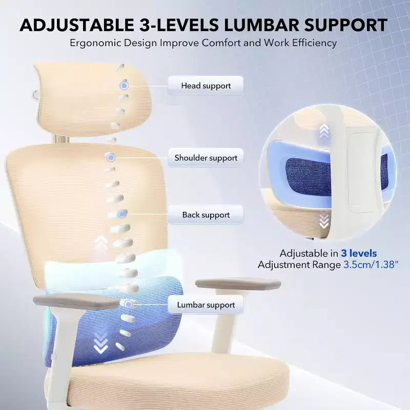 High-Back Ergonomic Mesh Office Chair, Adjustable Lumbar & Headrest, 3D Armrests, 360 Swivel Rolling Desk Chair, Comfortable Computer Chair