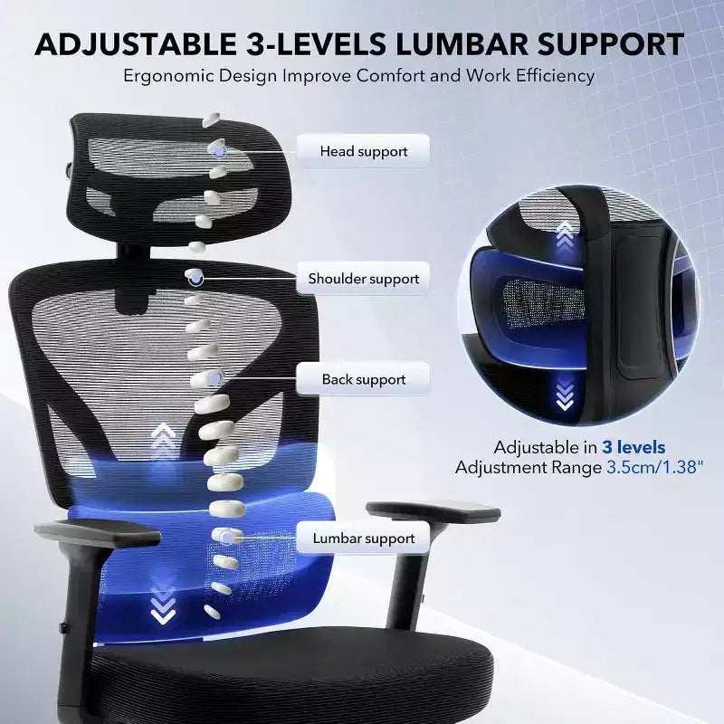 High-Back Ergonomic Mesh Office Chair, Adjustable Lumbar & Headrest, 3D Armrests, 360 Swivel Rolling Desk Chair, Comfortable Computer Chair