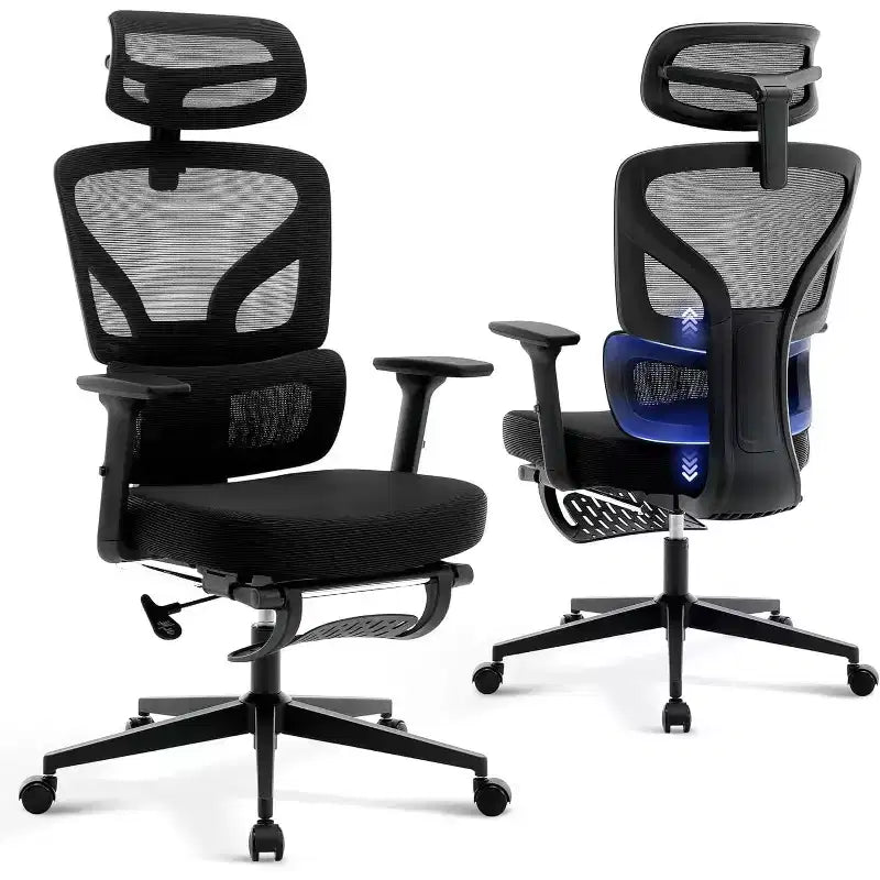 Chaise de bureau ergonomique en maille avec dossier haut, soutien lombaire et appui-tête réglables, accoudoirs 3D, pivotante à 360°, confortable pour ordinateur
