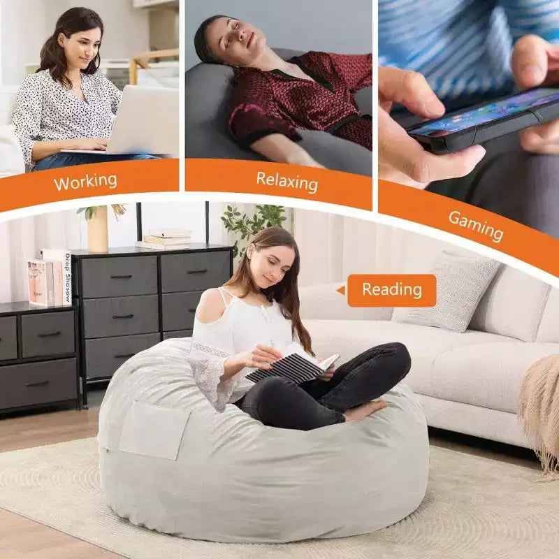 Okak Bean Bag Chair with Removable Washable Cover,Side Pocket & Carry Handle,Oversized Lounger Beanbag Chair,Easy Clean Design