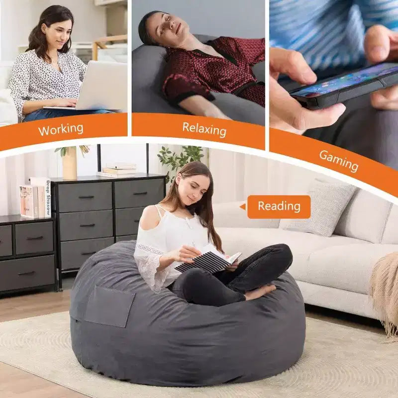 Okak Bean Bag Chair with Removable Washable Cover,Side Pocket & Carry Handle,Oversized Lounger Beanbag Chair,Easy Clean Design