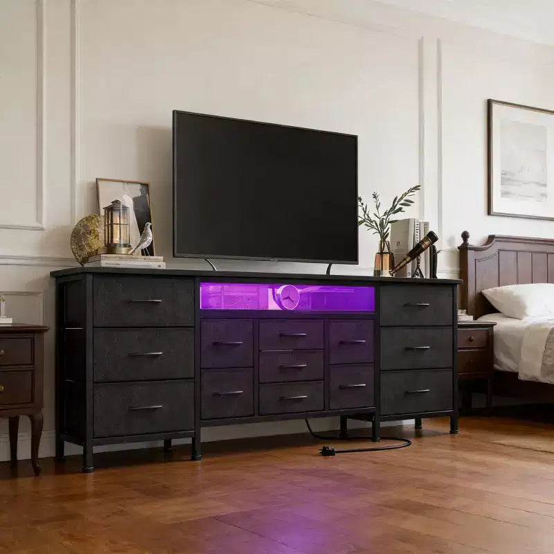 70 Inch TV Stand with 13 Drawers and LED Light for Bedroom & Living Room