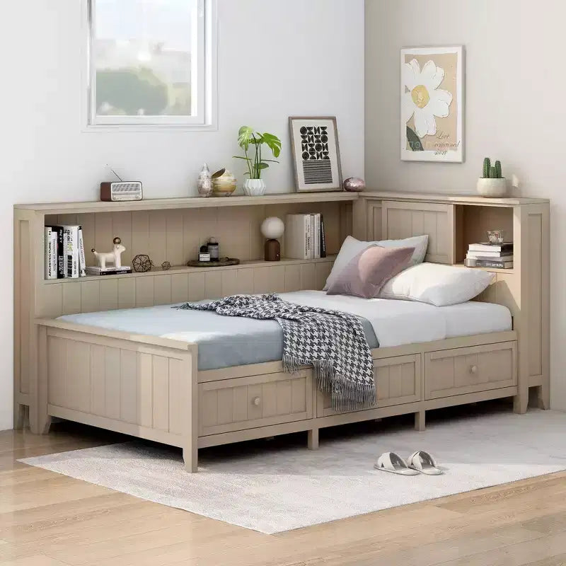 GDFStudio Simmons Wood Daybed with Storage Shelves and 3 Drawers