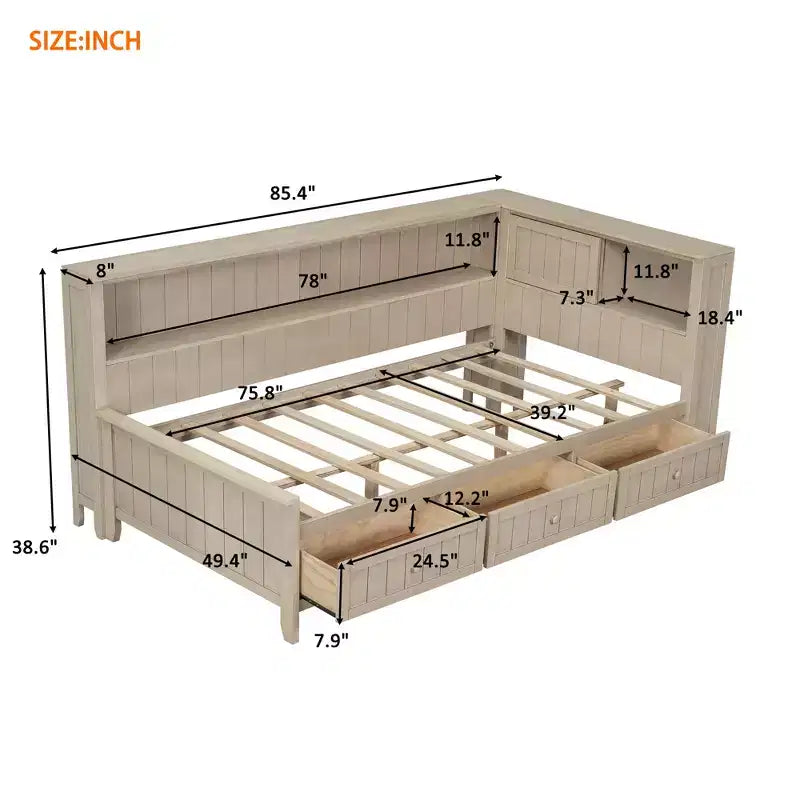 GDFStudio Simmons Wood Daybed with Storage Shelves and 3 Drawers