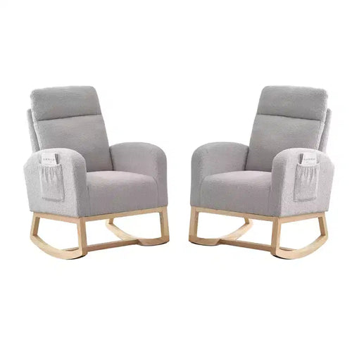 2 Pack Nursery Rocking Chair, Solid Wood Legs Glider Chair with Side Pocket, Comfortable Armchair for Living Room & Bedroom (Gray, Teddy)