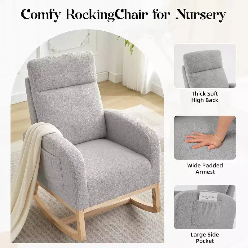2 Pack Nursery Rocking Chair, Solid Wood Legs Glider Chair with Side Pocket, Comfortable Armchair for Living Room & Bedroom (Gray, Teddy)