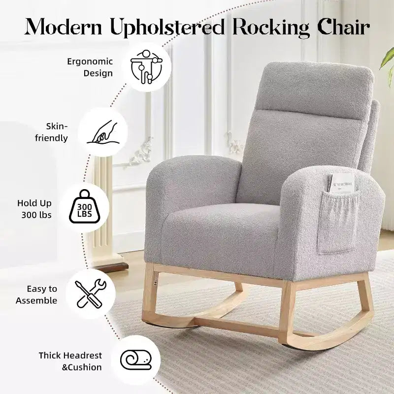 2 Pack Nursery Rocking Chair, Solid Wood Legs Glider Chair with Side Pocket, Comfortable Armchair for Living Room & Bedroom (Gray, Teddy)