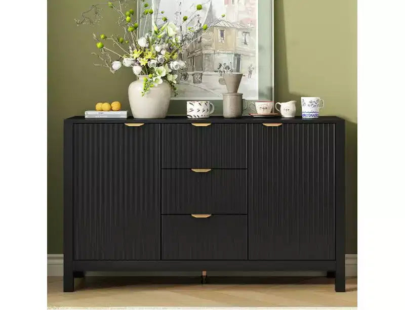 Wave-shaped entryway cabinet with 3 drawers, 3 adjustable shelves, soft-close doors, and metal handlesideal for hallways,or living rooms