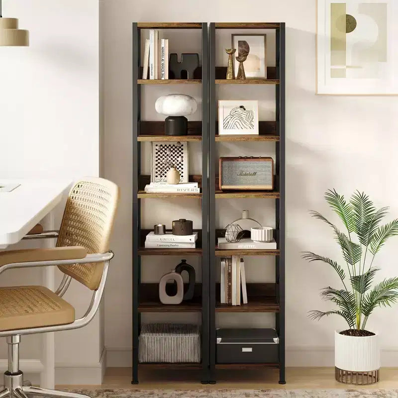 COZONY Narrow 6 Tier Bookshelf, Tall Skinny Bookcase Rustic Metal Frame Display Stand for Corner Bedroom Office