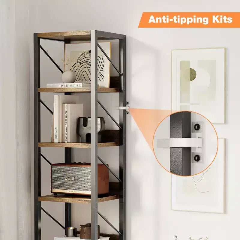 COZONY Narrow 6 Tier Bookshelf, Tall Skinny Bookcase Rustic Metal Frame Display Stand for Corner Bedroom Office