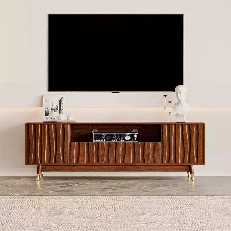 ATJafurn Wood TV Stand with Drawer and Cabinet, Mid Century Modern Entertainment Center with Solid Wood Feet, Brown Media Console for Living Room