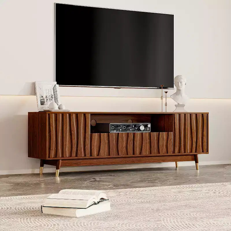 ATJafurn Wood TV Stand with Drawer and Cabinet, Mid Century Modern Entertainment Center with Solid Wood Feet, Brown Media Console for Living Room