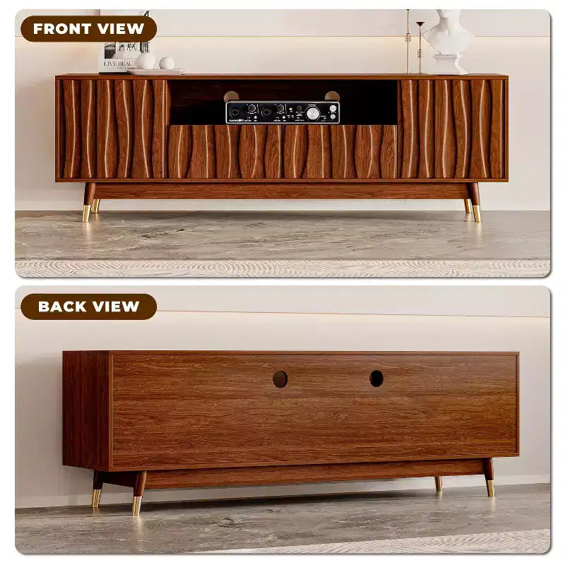 ATJafurn Wood TV Stand with Drawer and Cabinet, Mid Century Modern Entertainment Center with Solid Wood Feet, Brown Media Console for Living Room