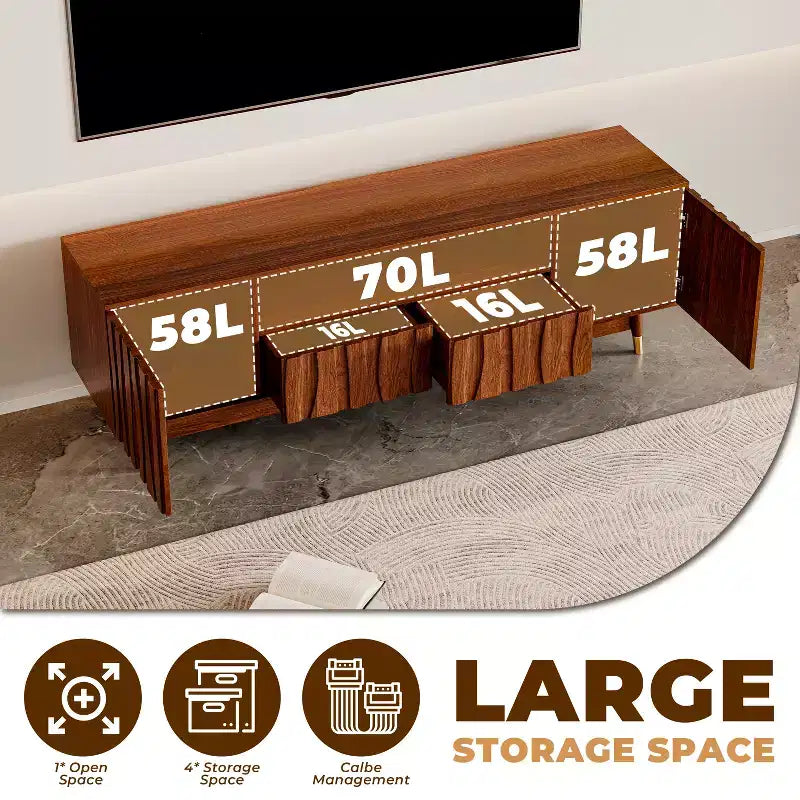 ATJafurn Wood TV Stand with Drawer and Cabinet, Mid Century Modern Entertainment Center with Solid Wood Feet, Brown Media Console for Living Room
