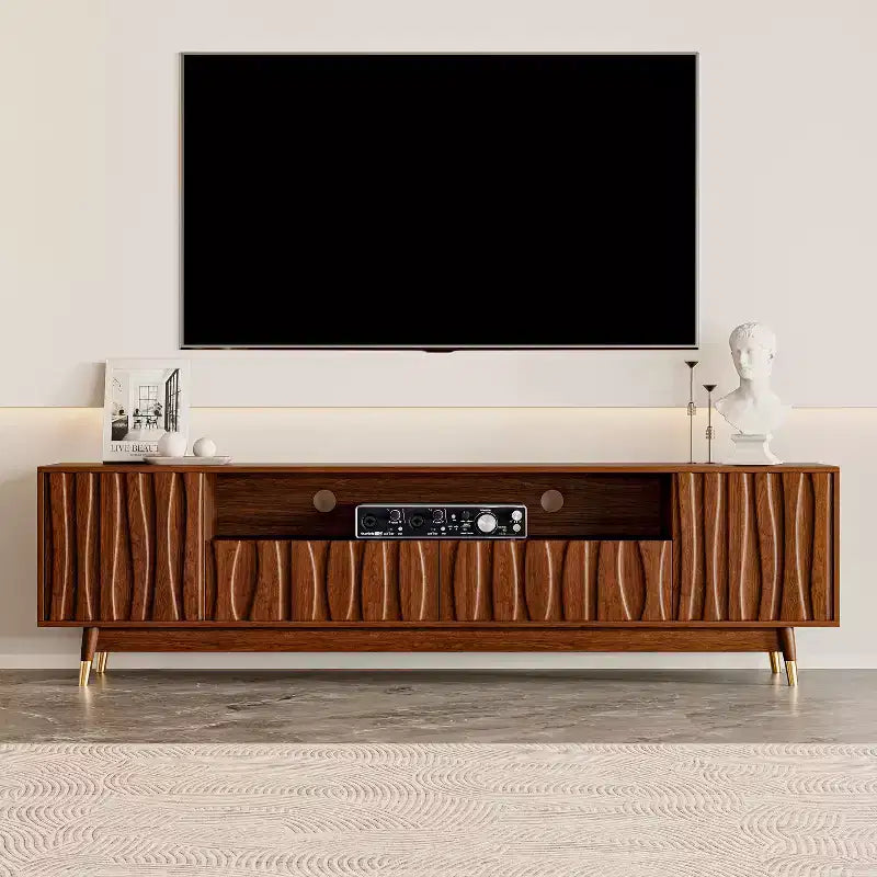 ATJafurn Wood TV Stand with Drawer and Cabinet, Mid Century Modern Entertainment Center with Solid Wood Feet, Brown Media Console for Living Room
