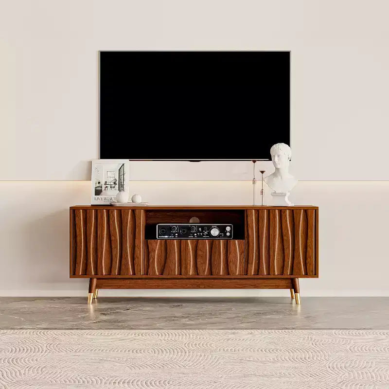ATJafurn Wood TV Stand with Drawer and Cabinet, Mid Century Modern Entertainment Center with Solid Wood Feet, Brown Media Console for Living Room