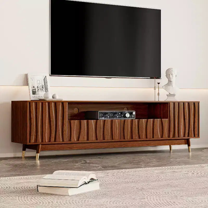 ATJafurn Wood TV Stand with Drawer and Cabinet, Mid Century Modern Entertainment Center with Solid Wood Feet, Brown Media Console for Living Room