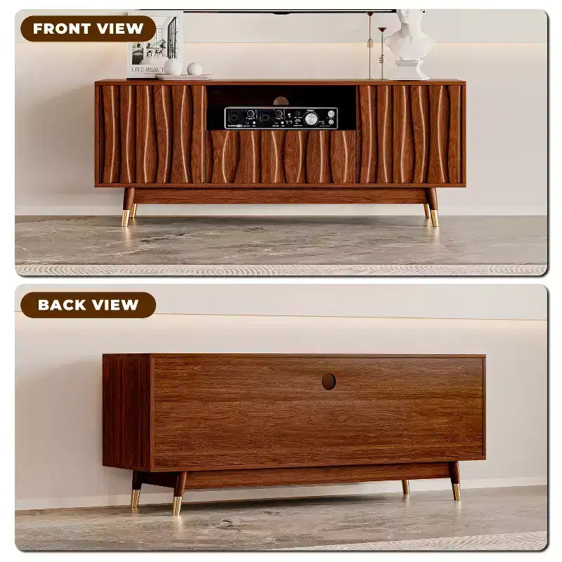 ATJafurn Wood TV Stand with Drawer and Cabinet, Mid Century Modern Entertainment Center with Solid Wood Feet, Brown Media Console for Living Room