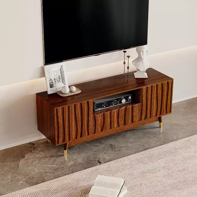 ATJafurn Wood TV Stand with Drawer and Cabinet, Mid Century Modern Entertainment Center with Solid Wood Feet, Brown Media Console for Living Room