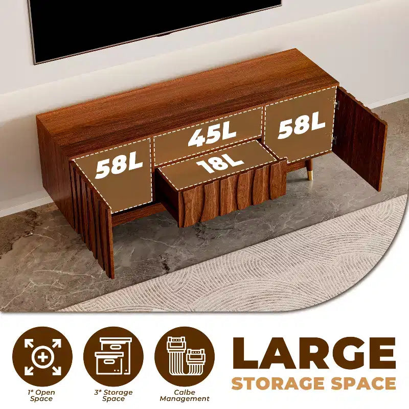 ATJafurn Wood TV Stand with Drawer and Cabinet, Mid Century Modern Entertainment Center with Solid Wood Feet, Brown Media Console for Living Room