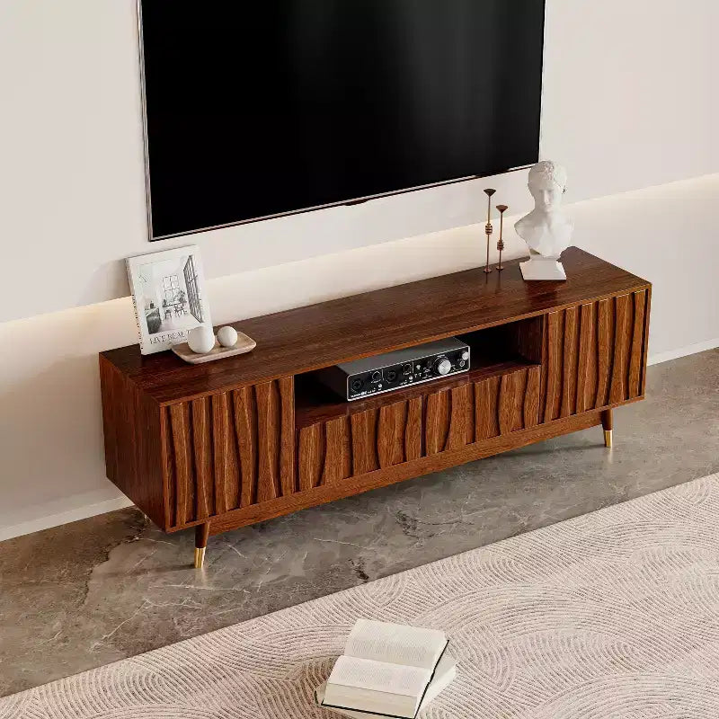 Meuble TV en bois ATJafurn avec tiroir et placard, meuble TV moderne du milieu du siècle avec pieds en bois massif, console multimédia marron pour le salon