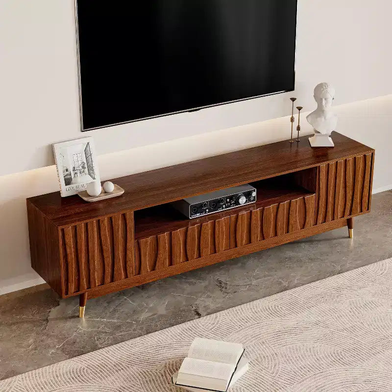 Meuble TV en bois ATJafurn avec tiroir et placard, meuble TV moderne du milieu du siècle avec pieds en bois massif, console multimédia marron pour le salon