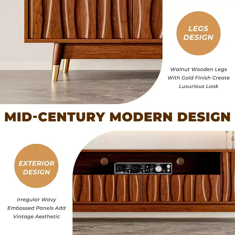 ATJafurn Wood TV Stand with Drawer and Cabinet, Mid Century Modern Entertainment Center with Solid Wood Feet, Brown Media Console for Living Room