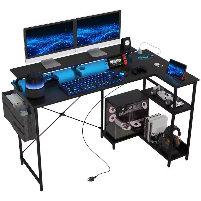 L Shaped Computer Desk with Charging Station and RGB Lights Reversible Corner Desk
