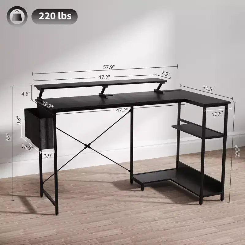 L Shaped Computer Desk with Charging Station and RGB Lights Reversible Corner Desk