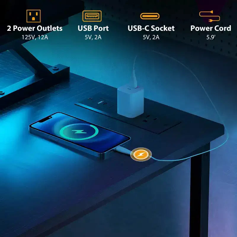 L Shaped Computer Desk with Charging Station and RGB Lights Reversible Corner Desk