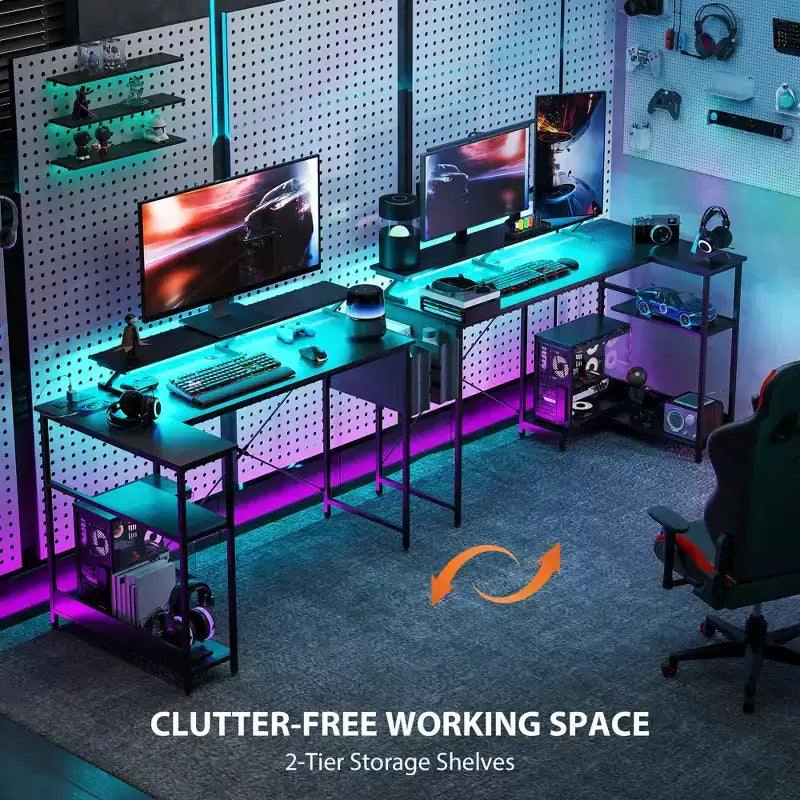 L Shaped Computer Desk with Charging Station and RGB Lights Reversible Corner Desk