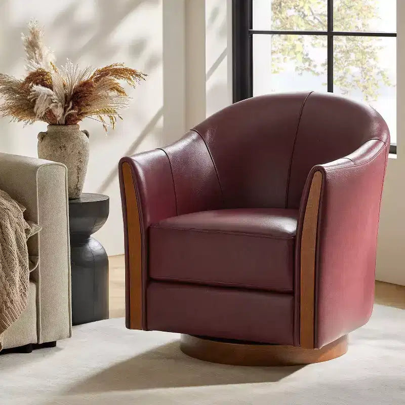 Pocono Transitional Genuine Leather Swivel Barrel Chair With Solid Wood BaseArtful Living Design