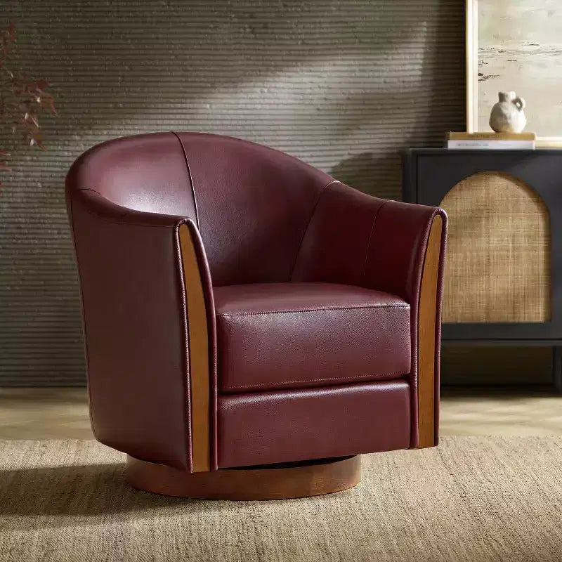 Pocono Transitional Genuine Leather Swivel Barrel Chair With Solid Wood BaseArtful Living Design