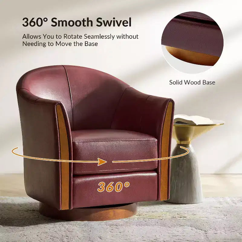 Pocono Transitional Genuine Leather Swivel Barrel Chair With Solid Wood BaseArtful Living Design