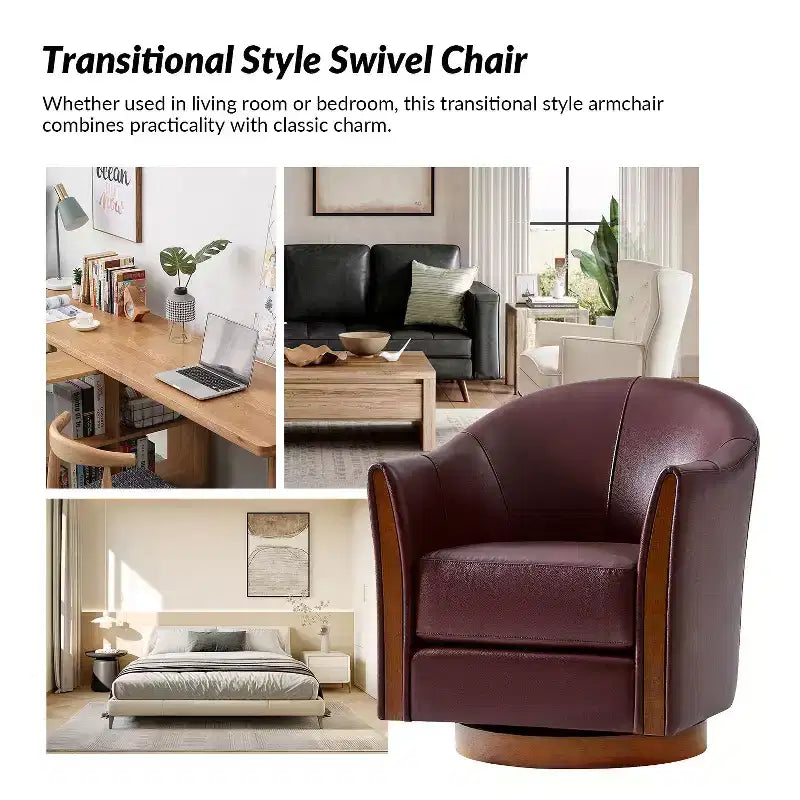 Pocono Transitional Genuine Leather Swivel Barrel Chair With Solid Wood BaseArtful Living Design
