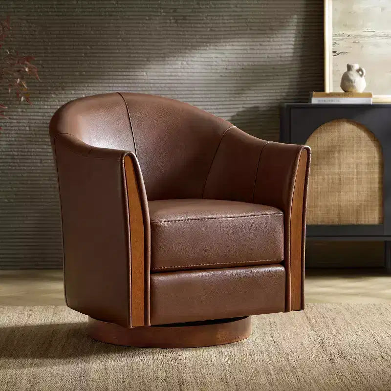 Pocono Transitional Genuine Leather Swivel Barrel Chair With Solid Wood BaseArtful Living Design