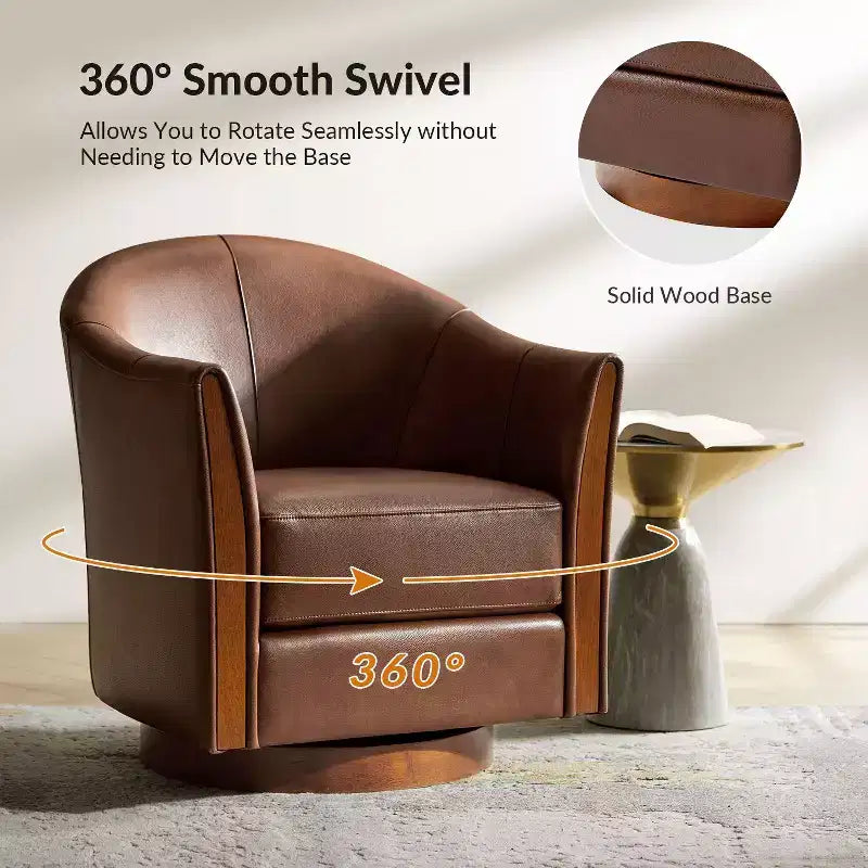 Pocono Transitional Genuine Leather Swivel Barrel Chair With Solid Wood BaseArtful Living Design