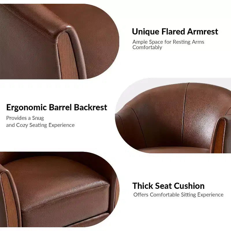 Pocono Transitional Genuine Leather Swivel Barrel Chair With Solid Wood BaseArtful Living Design