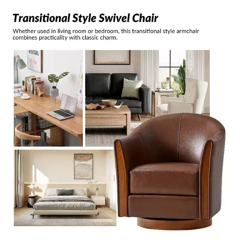 Pocono Transitional Genuine Leather Swivel Barrel Chair With Solid Wood BaseArtful Living Design