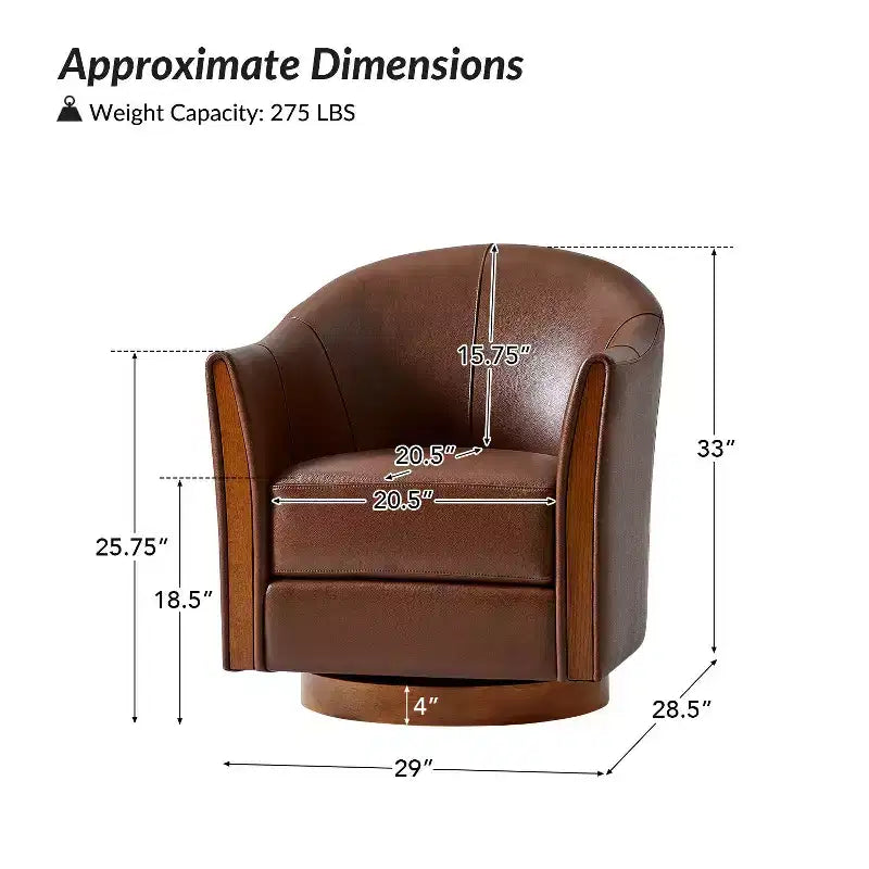 Pocono Transitional Genuine Leather Swivel Barrel Chair With Solid Wood BaseArtful Living Design